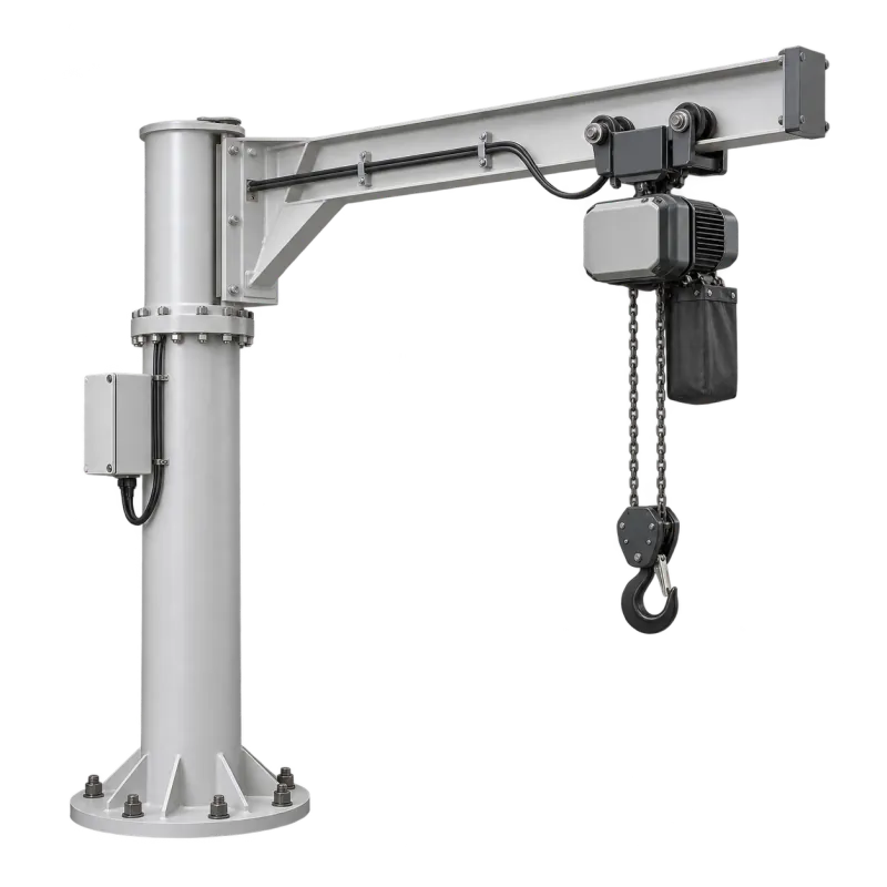 A pillar jib crane with an electric chain hoist