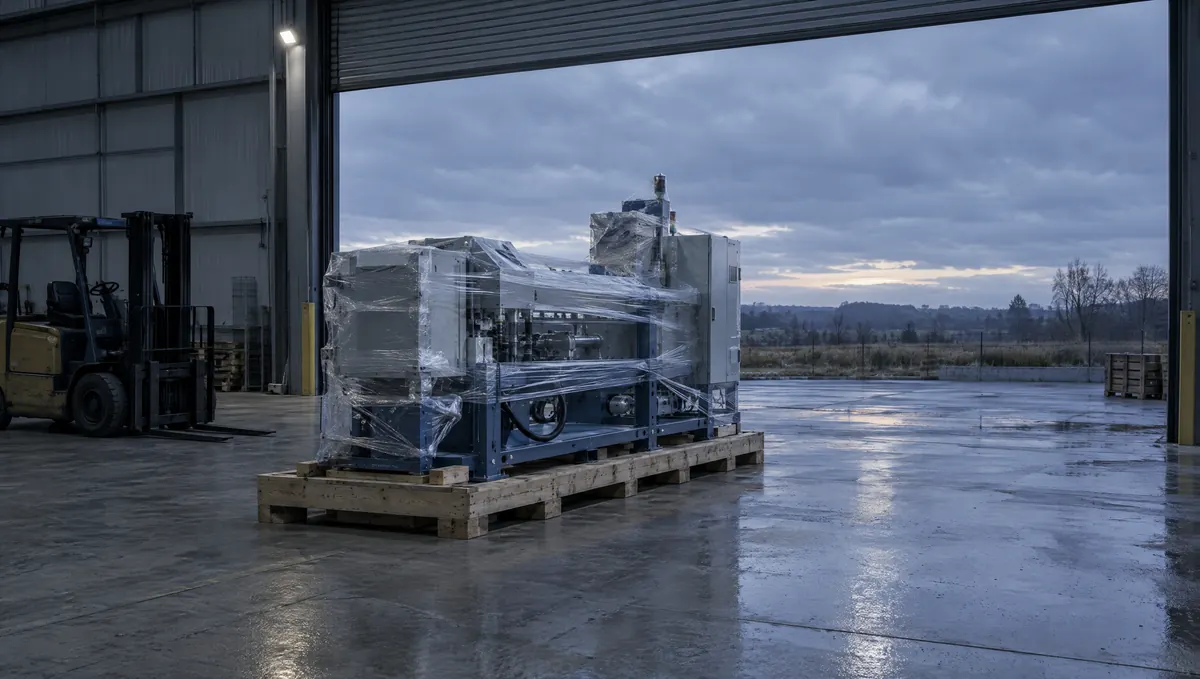 A finished machine wrapped in film on a wooden skid at the loading dock, ready to ship at dusk.