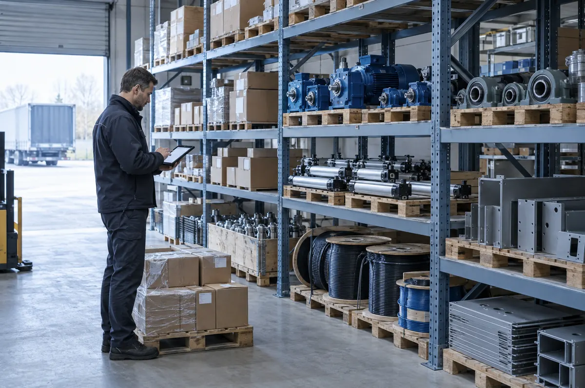 A buyer checks a delivery on a tablet in the goods-in area, between shelves of gear motors, bearings and cable drums.