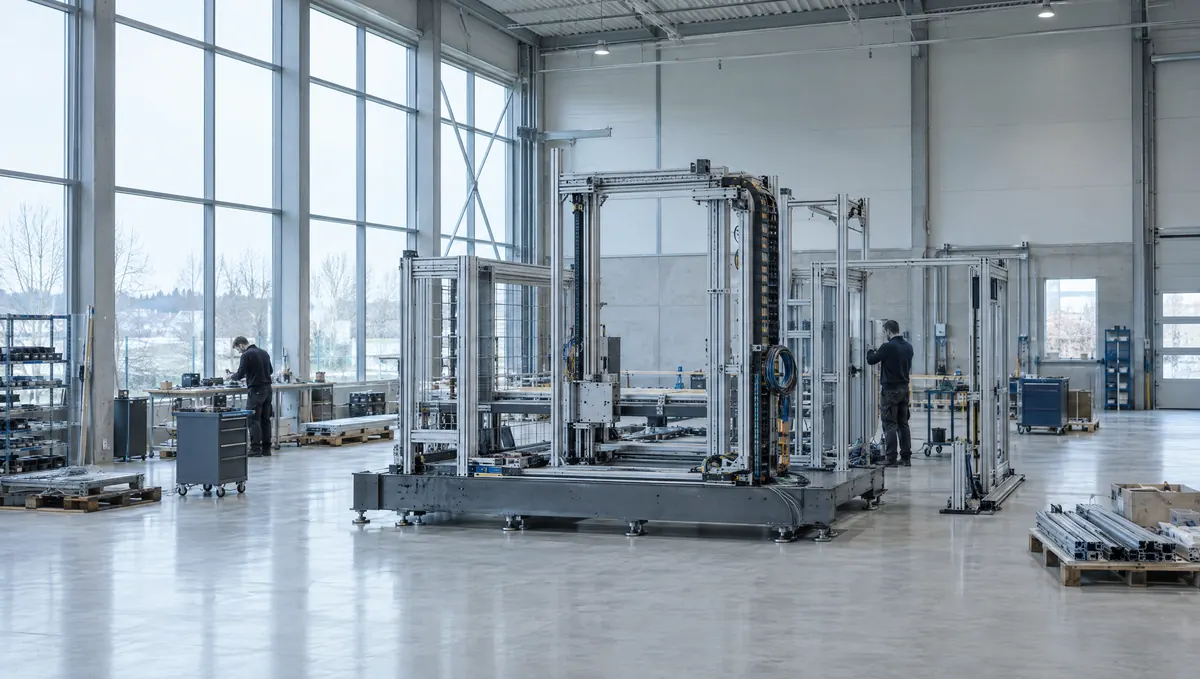 A custom palletising machine half built in a bright assembly hall, two technicians working on its frame.
