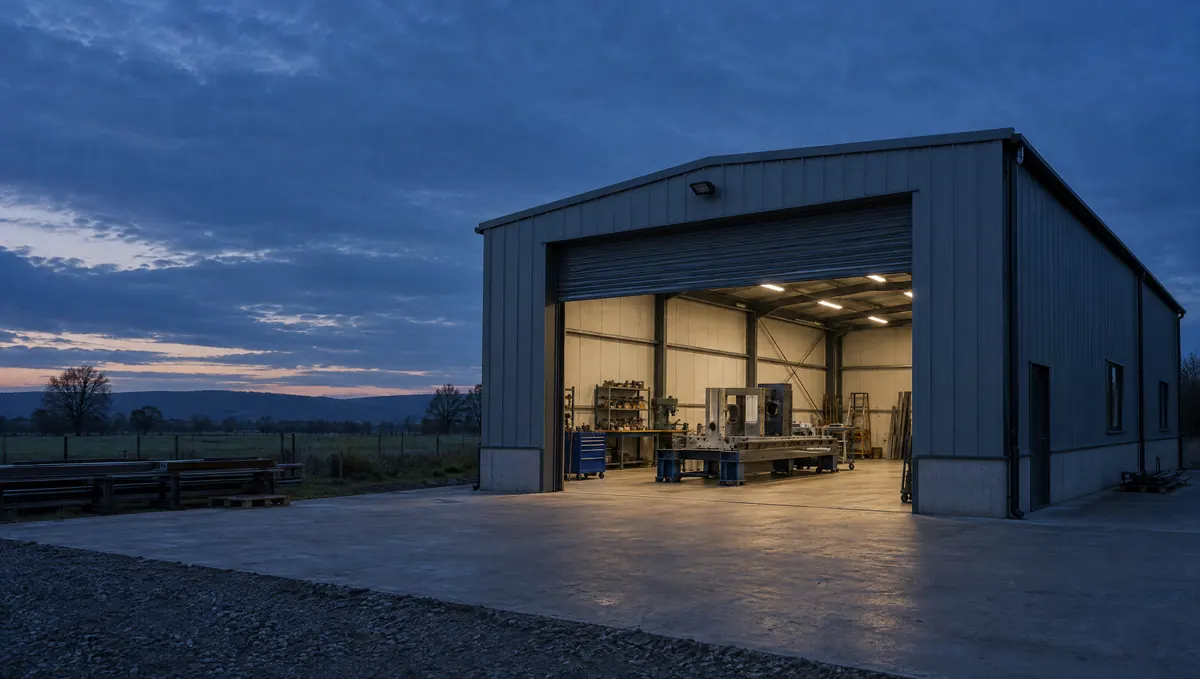 A small machine-building workshop at blue hour, its roller door open and a machine lit inside.